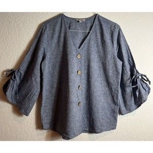 Linen Blend By Hester & Orchard Womens Shirt S Blouse Blue Tunic Bell Sl…